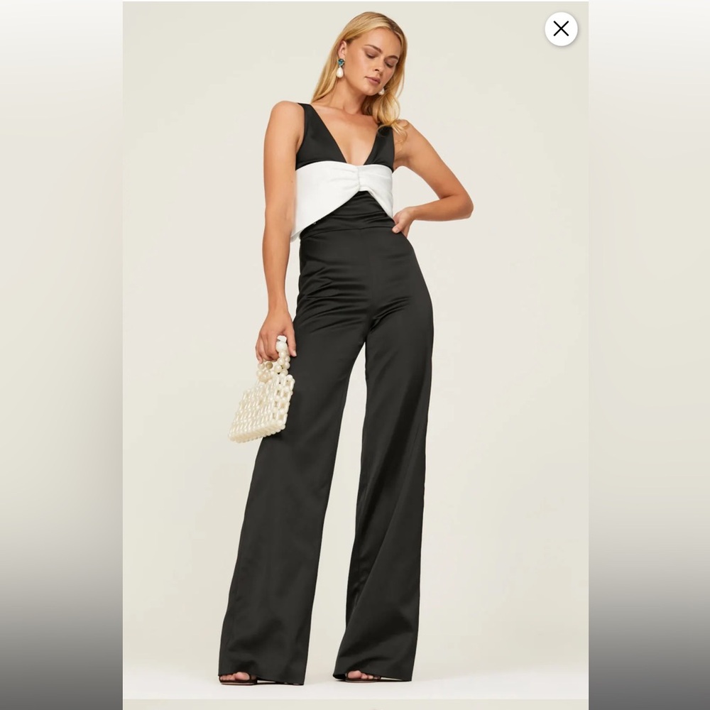 Alexis Women's Marinna Black White Wide Leg Bow Satin Pant Jumpsuit Size Medium